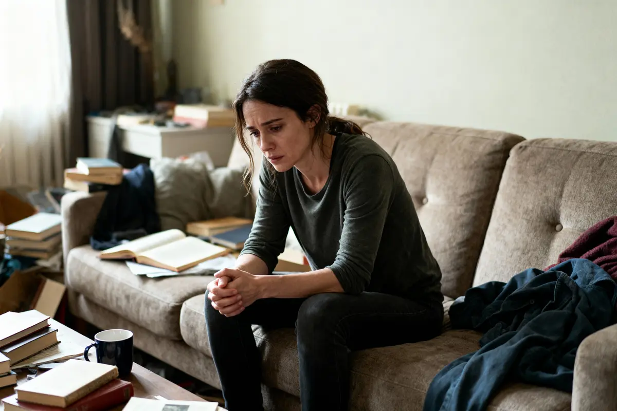 Femme préoccupée assise sur un canapé, entourée de livres et tasses, expression pensive.