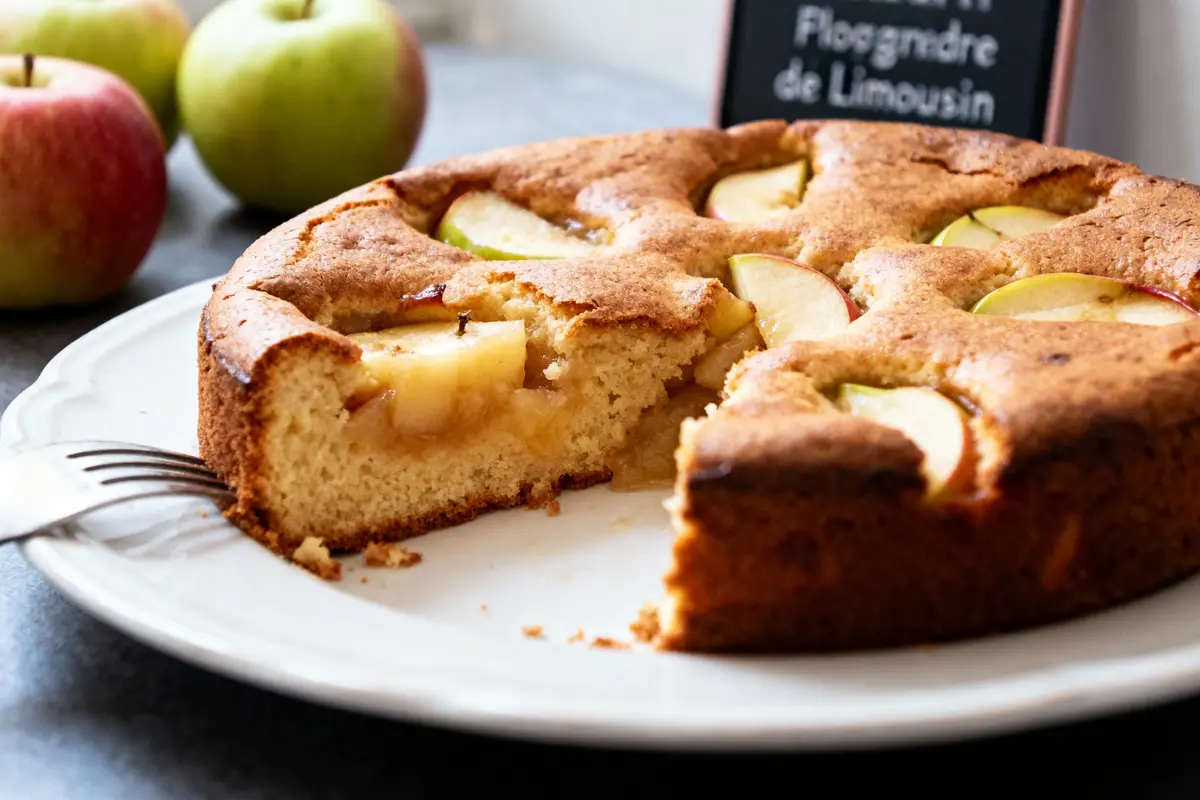 Gâteau aux pommes sur assiette blanche, avec tranches de pommes visibles et quelques pommes entières en arrière-plan.