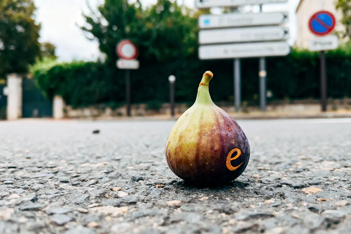 Figue posée sur la route devant des panneaux flous, avec une lettre "e" inscrite dessus.