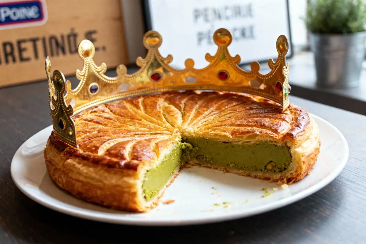 Galette des rois pistache, croûte dorée, avec couronne décorative dorée sur le dessus, dans un intérieur lumineux.