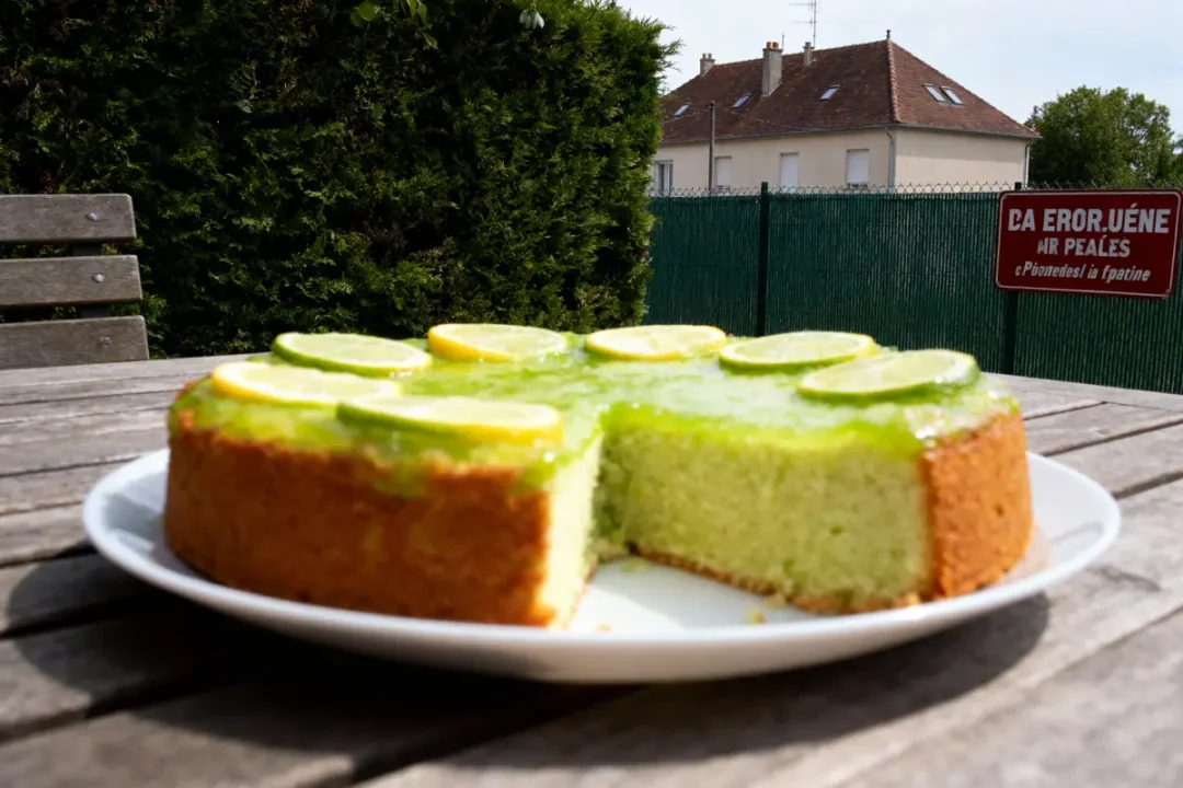 Gâteau citron vert sur une table en bois, tranche manquante, jardin en arrière-plan.