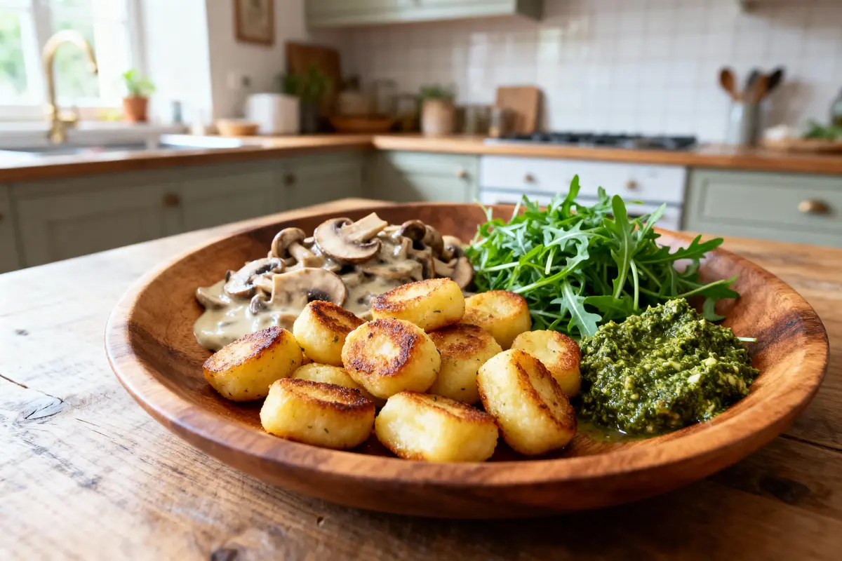 Assiette avec gnocchis dorés, champignons sauce crémeuse, roquette, pesto, dans une cuisine rustique.