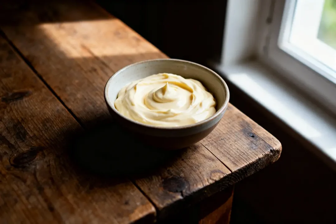 Bol de mayonnaise crémeuse posé sur une table en bois, éclairé par la lumière naturelle d'une fenêtre.