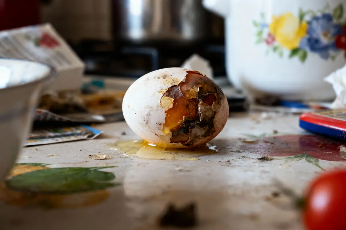Œuf coloré, abîmé, coulant sur table de cuisine encombrée, impression de désordre.
