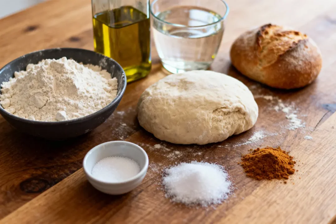 Ingrédients de pain sur table : farine, huile d'olive, eau, sel, pâte à pain, pain cuit.