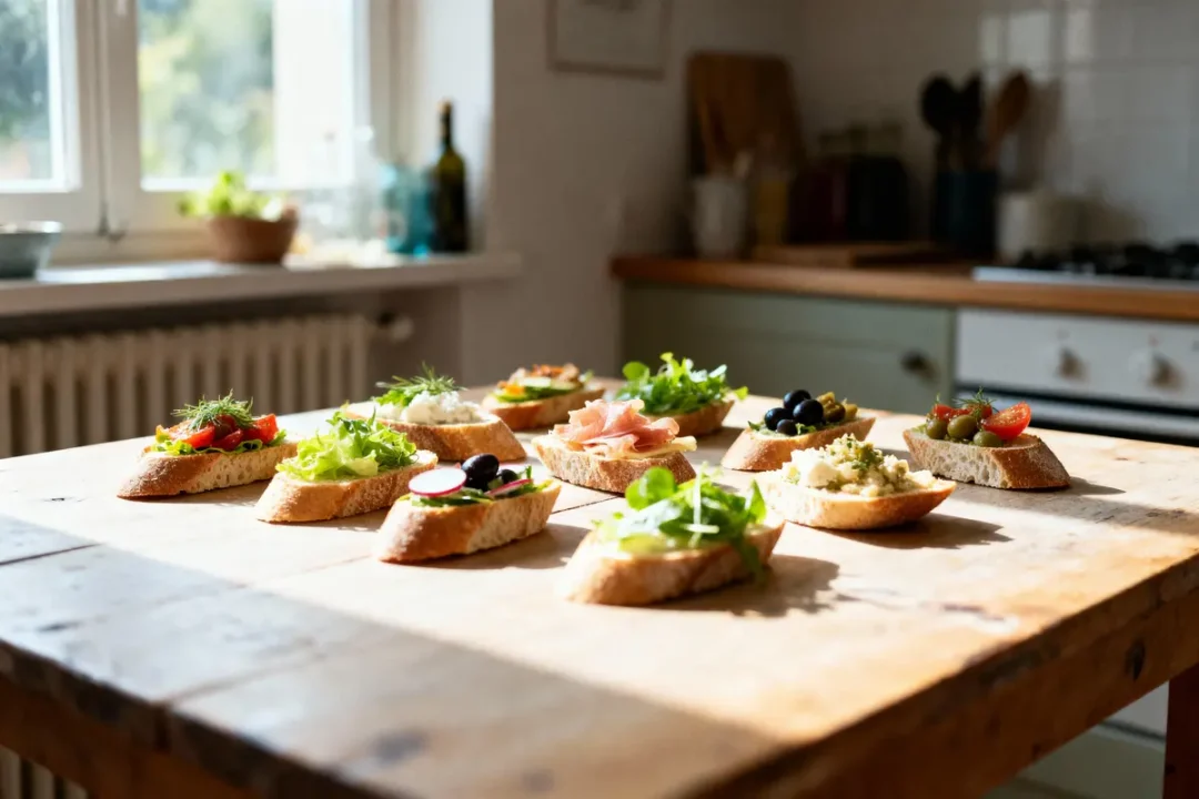 Tranches de pain garnies de légumes et charcuterie sur table en bois, cuisine lumineuse en arrière-plan.