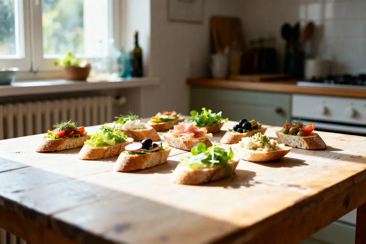 Tranches de pain garnies de légumes et charcuterie sur table en bois, cuisine lumineuse en arrière-plan.