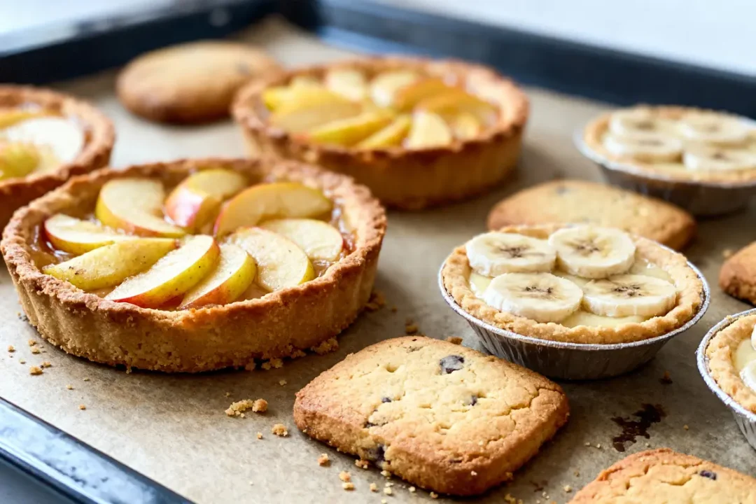 Assortiment de tartes aux pommes et bananes avec cookies sur une plaque de cuisson.