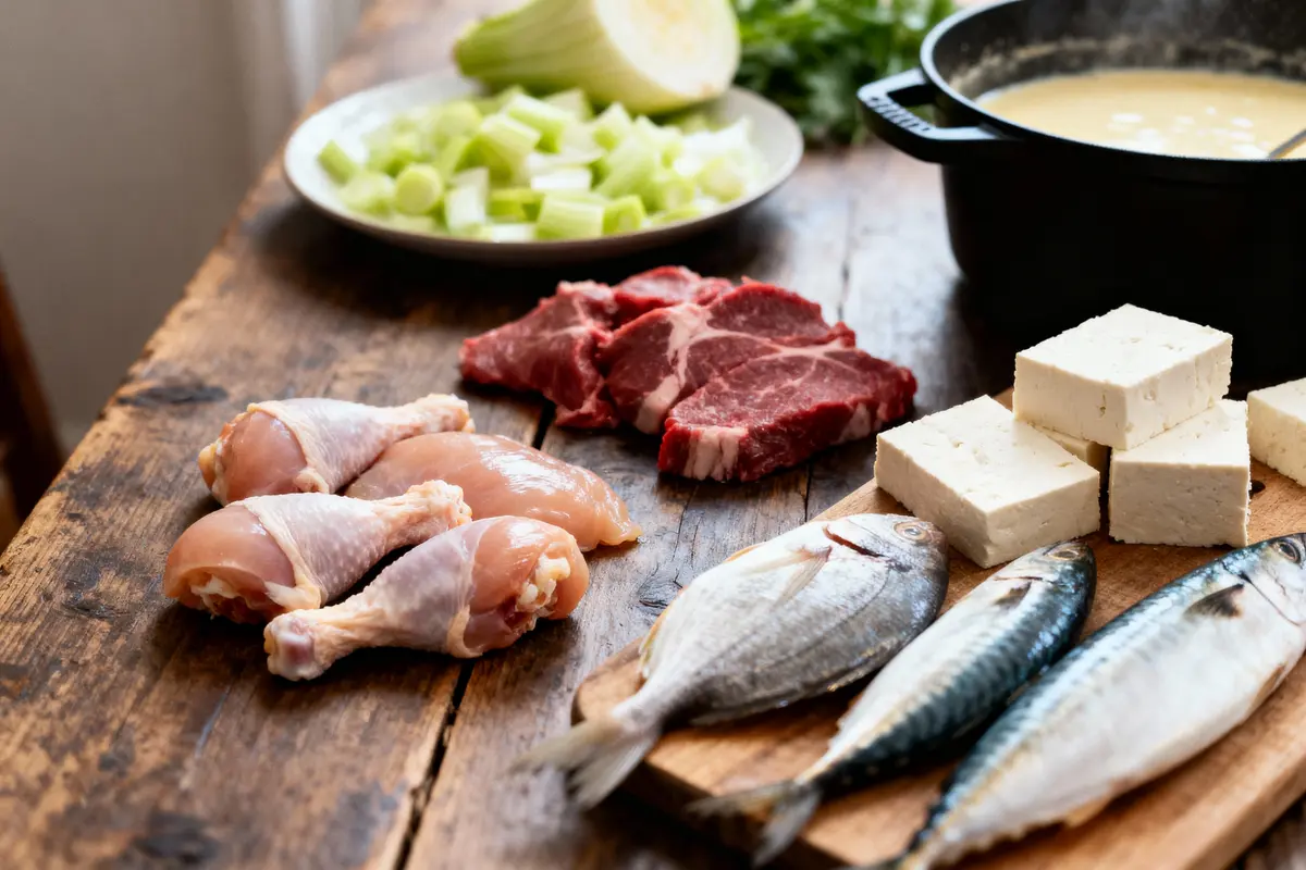 Table en bois avec légumes, poulet, viande, poisson et tofu. Ingrédients pour cuisiner un plat varié et équilibré.
