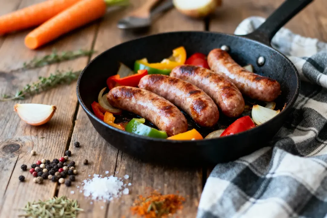 Poêle avec saucisses grillées, poivrons colorés et oignons sur table en bois, épices dispersées autour.