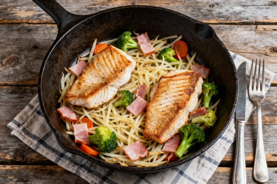 Poêlée de poissons grillés avec légumes, pommes de terre, jambon, brocoli, carottes, servie dans une poêle en fonte.