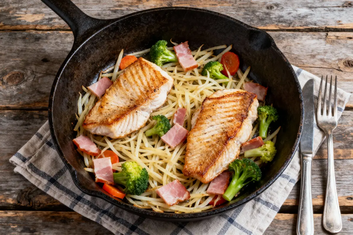 Poêlée de poissons grillés avec légumes, pommes de terre, jambon, brocoli, carottes, servie dans une poêle en fonte.
