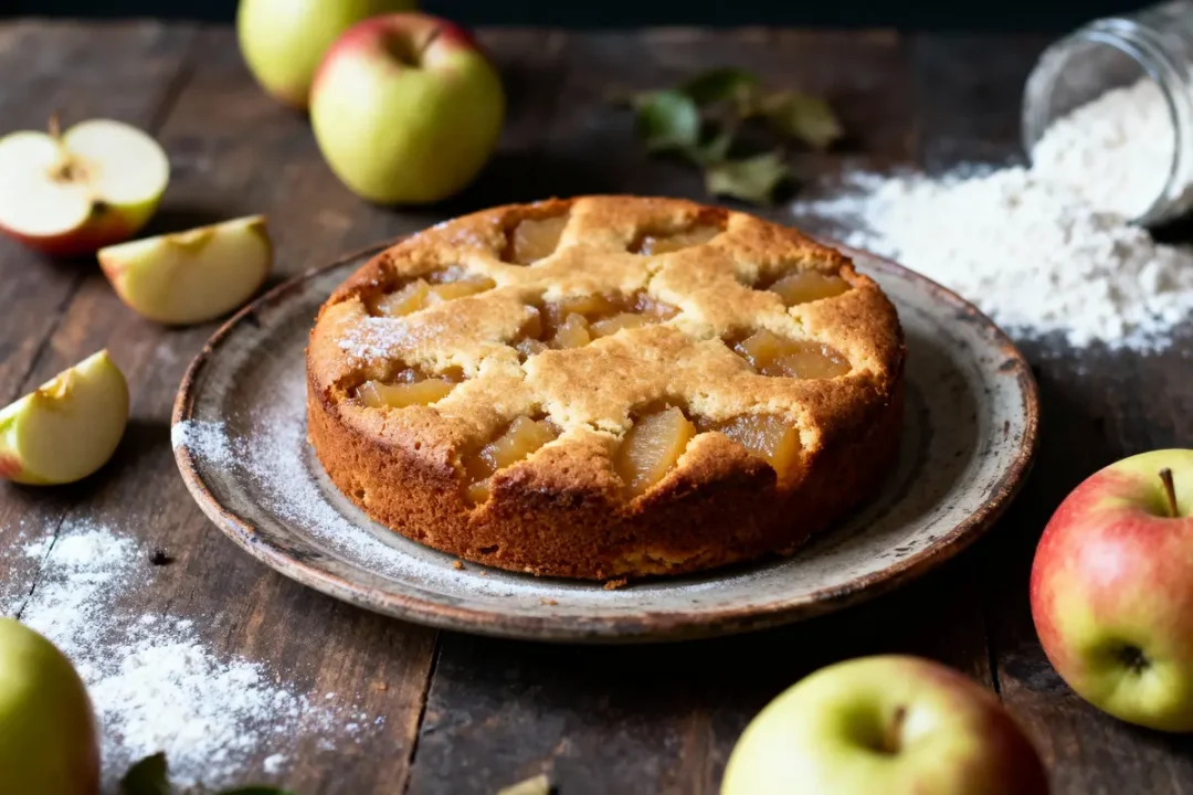 Gâteau aux pommes sur assiette, entouré de pommes entières et tranchées, farine dispersée sur table en bois.
