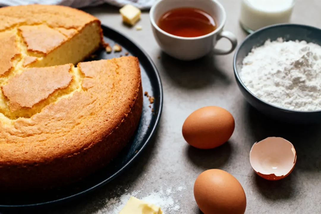 Gâteau sur assiette noire avec œufs, farine, tasse de thé et beurre sur table grise.