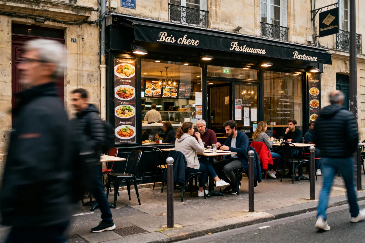 Personnes dînant à une terrasse animée d'un restaurant en ville, devanture affichant des plats variés.