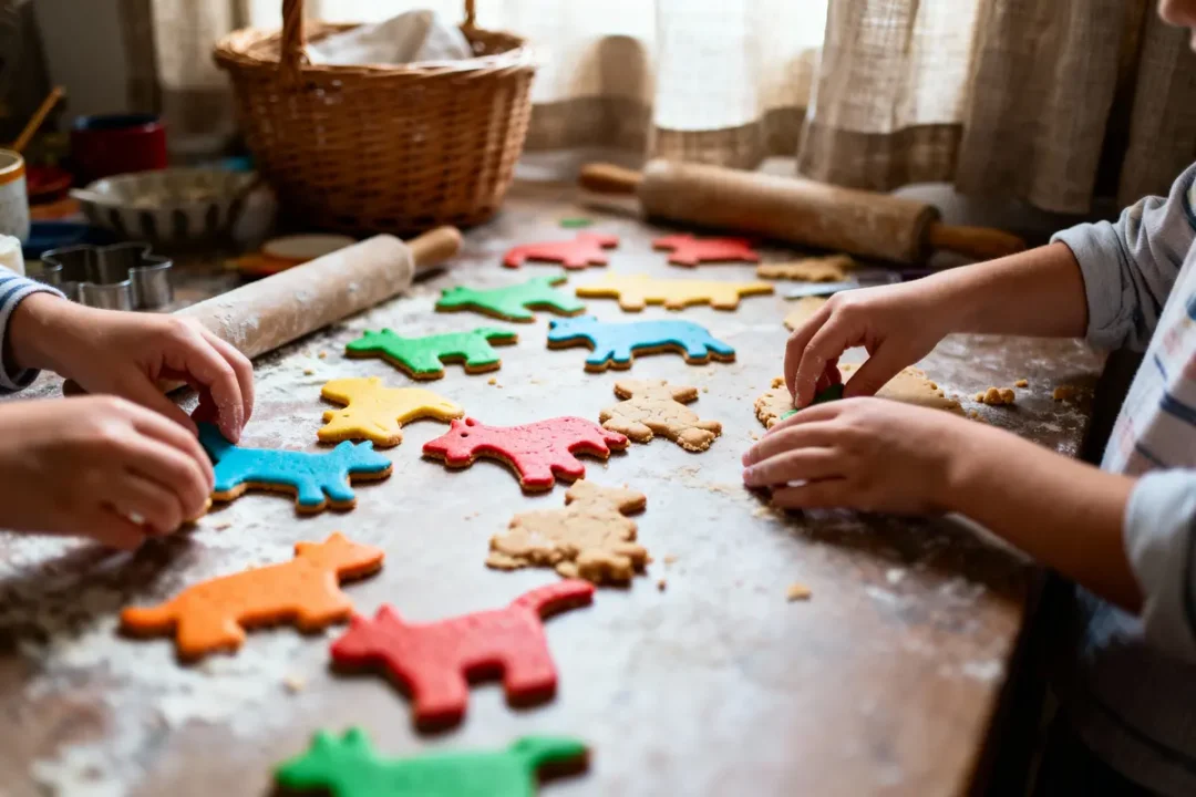Enfants façonnant des biscuits colorés en forme d'animaux sur une table avec rouleaux à pâtisserie.