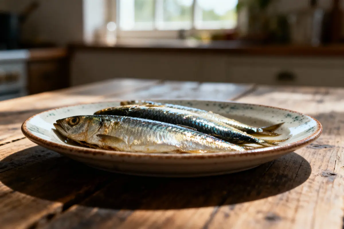 Trois poissons grillés sur une assiette, posée sur une table en bois ensoleillée.