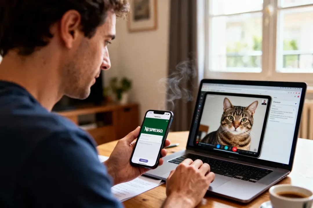Homme utilisant smartphone et laptop, appel vidéo avec chat, tasse de café visible, intérieur lumineux.