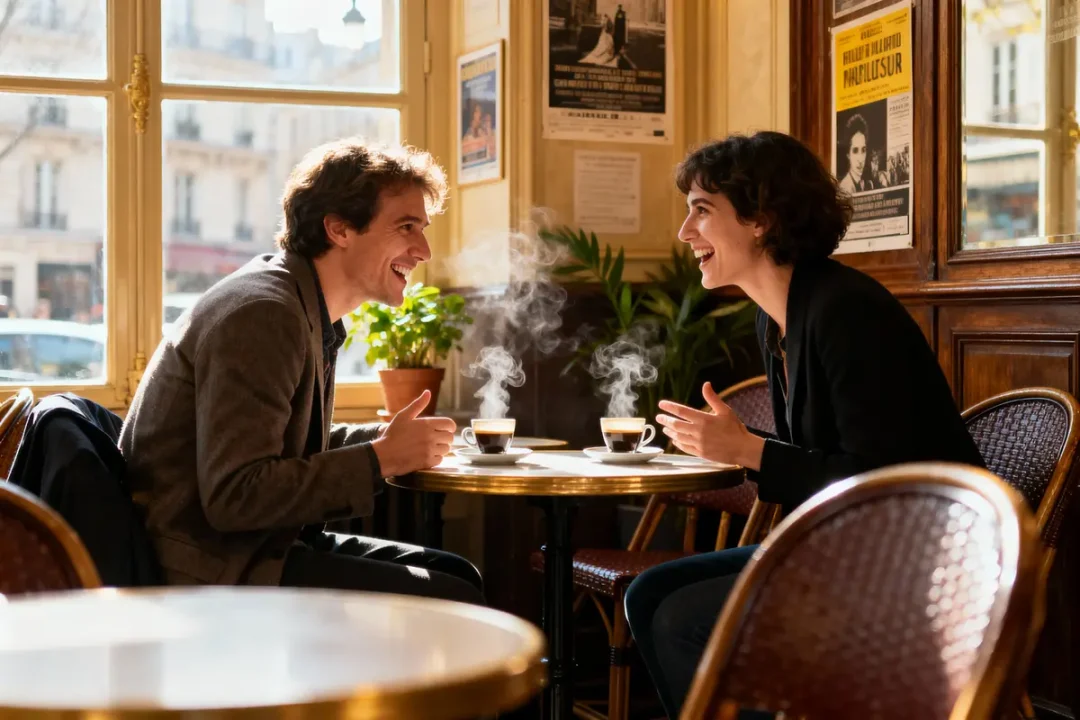 Deux personnes souriantes discutent autour de cafés fumants dans un café parisien, ambiance chaleureuse et conviviale.