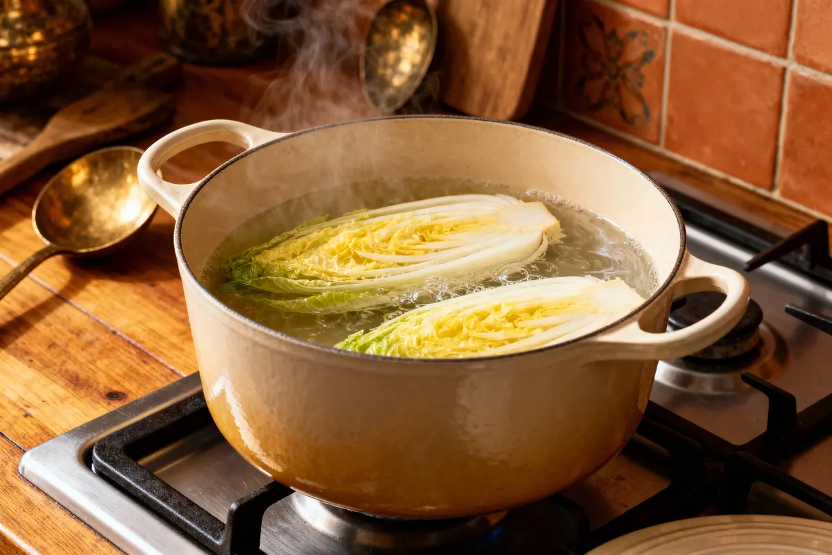 Chou chinois coupé, mijotant dans une casserole sur une cuisinière, cuisine rustique avec carreaux en terre cuite.
