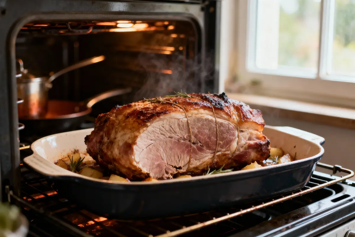 Rôti de viande juteux cuit au four, entouré de pommes de terre, avec herbes. Lumière naturelle d'une fenêtre proche.