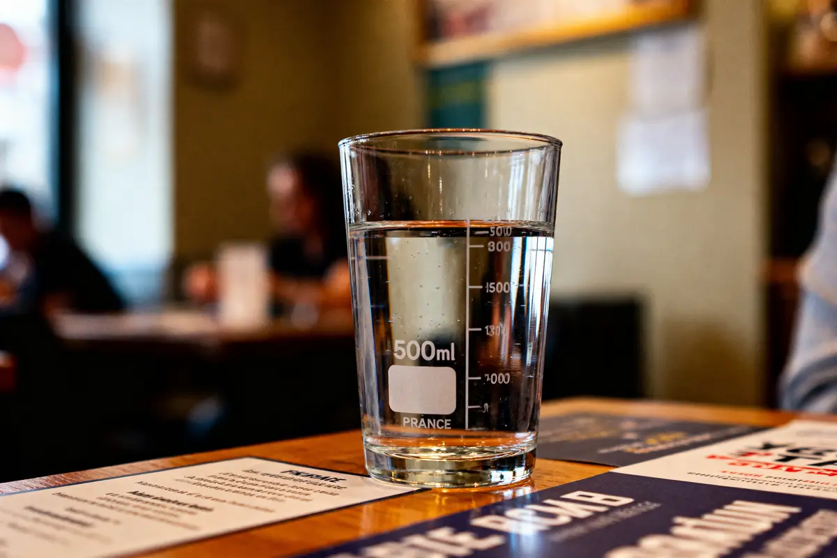 Verre d'eau sur table de café, fond flou, ambiance conviviale.