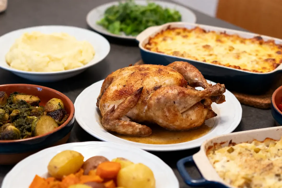Repas traditionnel avec poulet rôti, purée de pommes de terre, légumes, et gratin dans des plats.