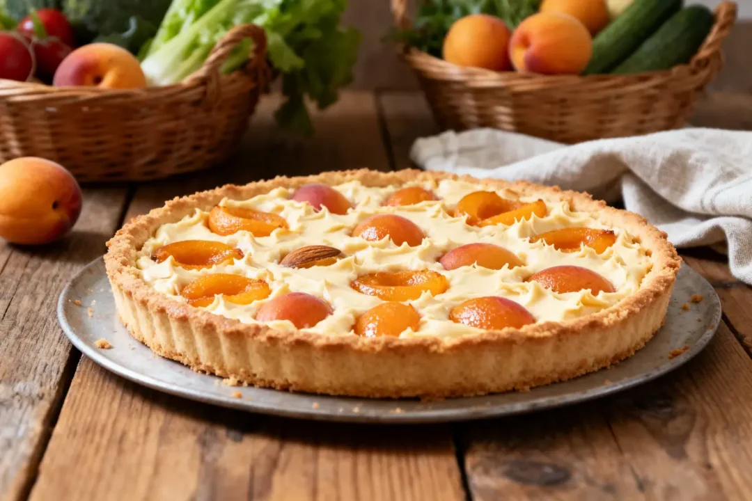 Tarte aux abricots sur une table en bois, avec paniers de fruits et légumes en arrière-plan.