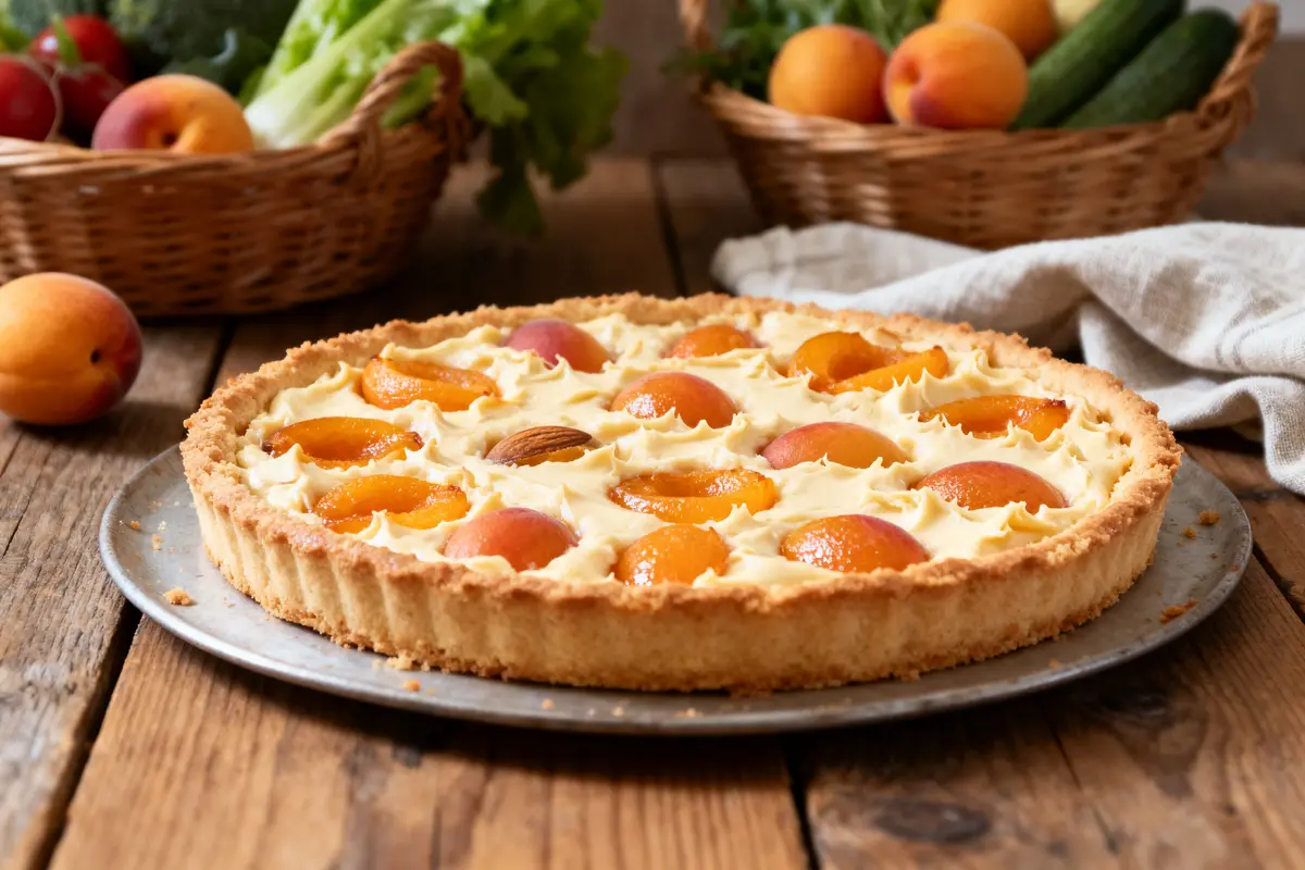 Tarte aux abricots sur une table en bois, avec paniers de fruits et légumes en arrière-plan.