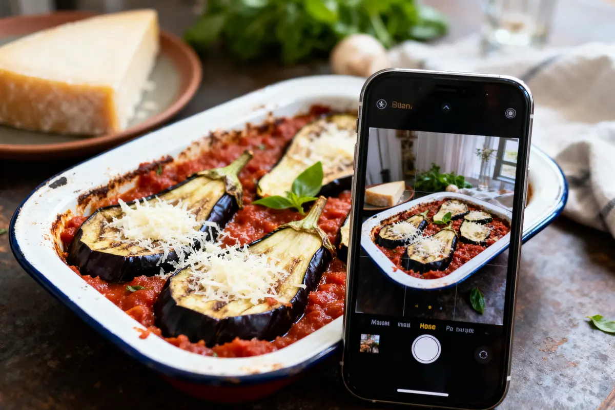 Plat de gratin d'aubergines au parmesan, photographe avec smartphone à côté pour capture.
