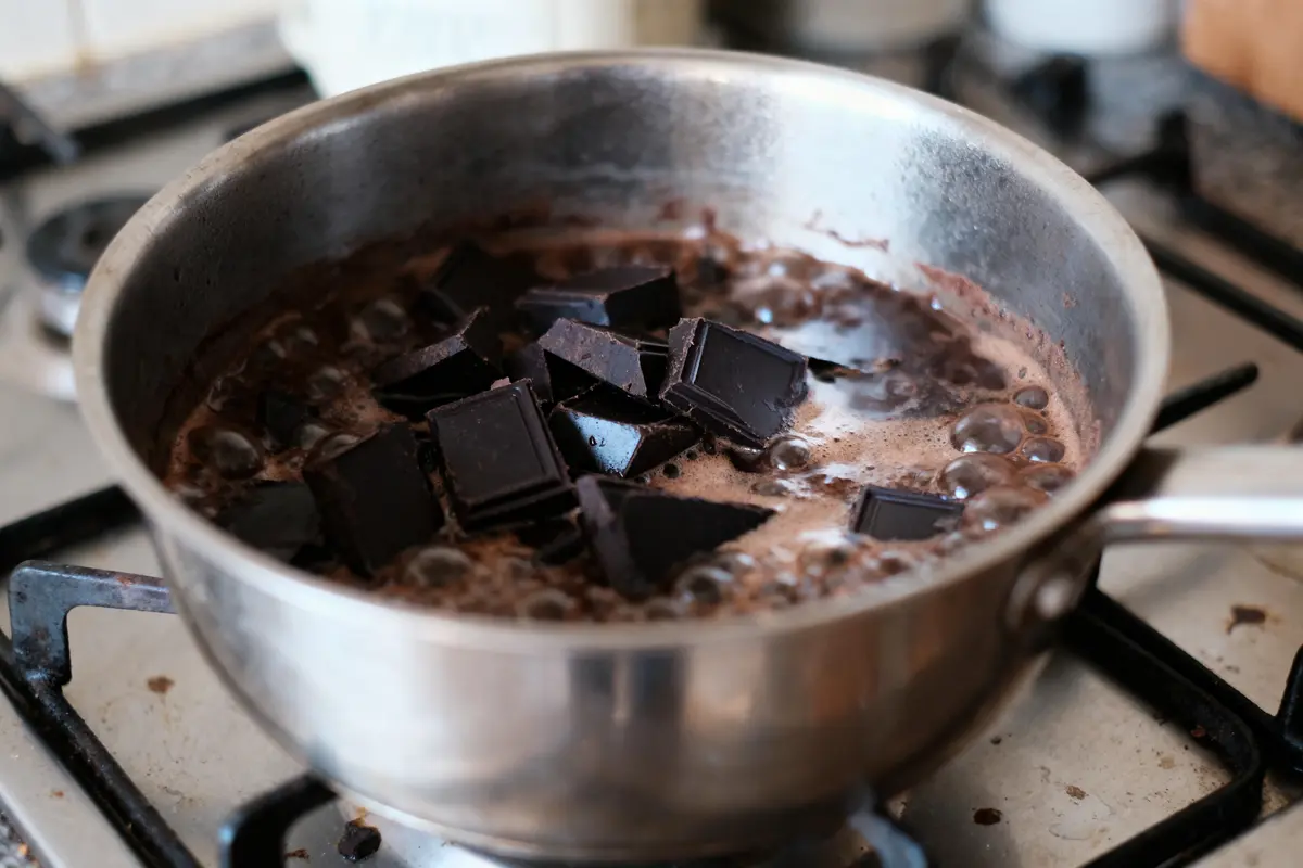 Chocolat noir fondant dans une casserole sur une cuisinière à gaz.