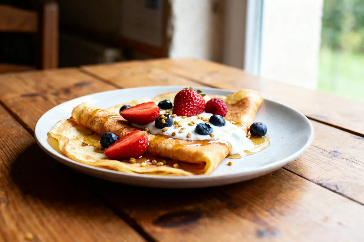 Crêpes garnies de yaourt, fraises, myrtilles, et miel, sur une assiette blanche en bois.