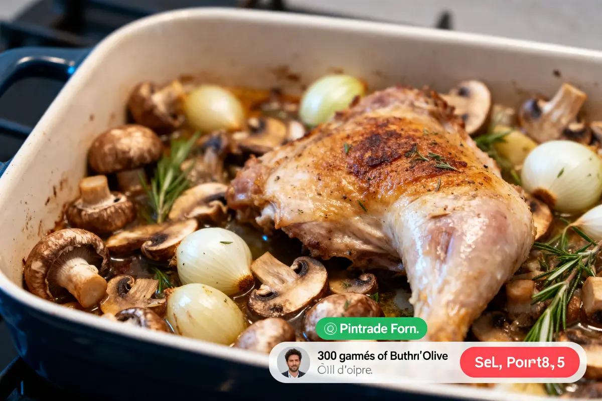 Poulet rôti avec champignons, oignons et romarin dans un plat en céramique.