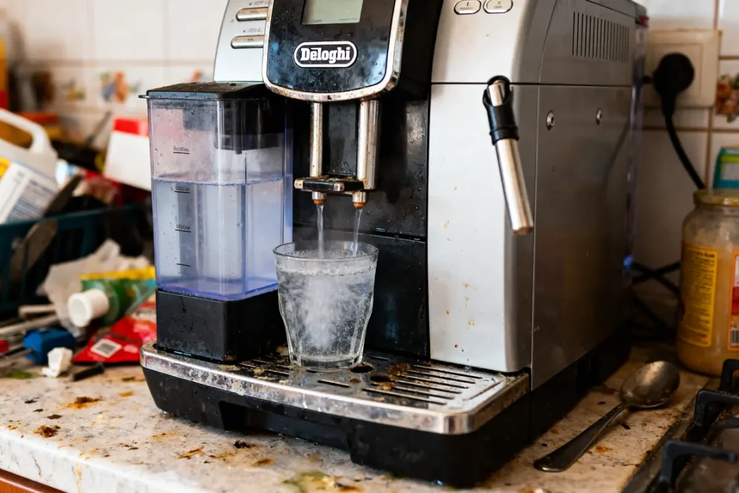 Machine à café argentée, cuisine en désordre, verre se remplissant d'eau, plan de travail taché, environnement négligé.