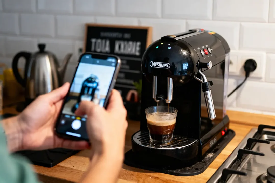Personne prenant une photo d'une machine à café en action avec un smartphone dans une cuisine.