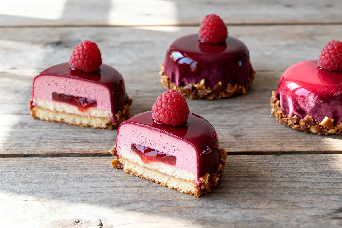 Petits gâteaux glacés framboise sur biscuit, garnis d'une framboise, sur une surface en bois.