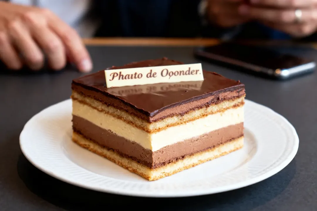 Part de gâteau opéra sur assiette blanche, étiquette "Phauto de Ooponder", fond flou avec mains et téléphone.