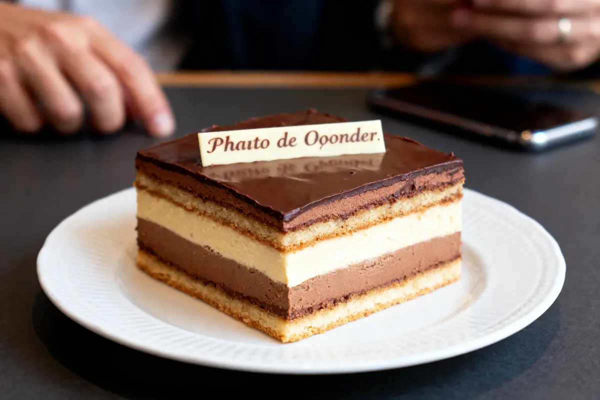 Part de gâteau opéra sur assiette blanche, étiquette "Phauto de Ooponder", fond flou avec mains et téléphone.