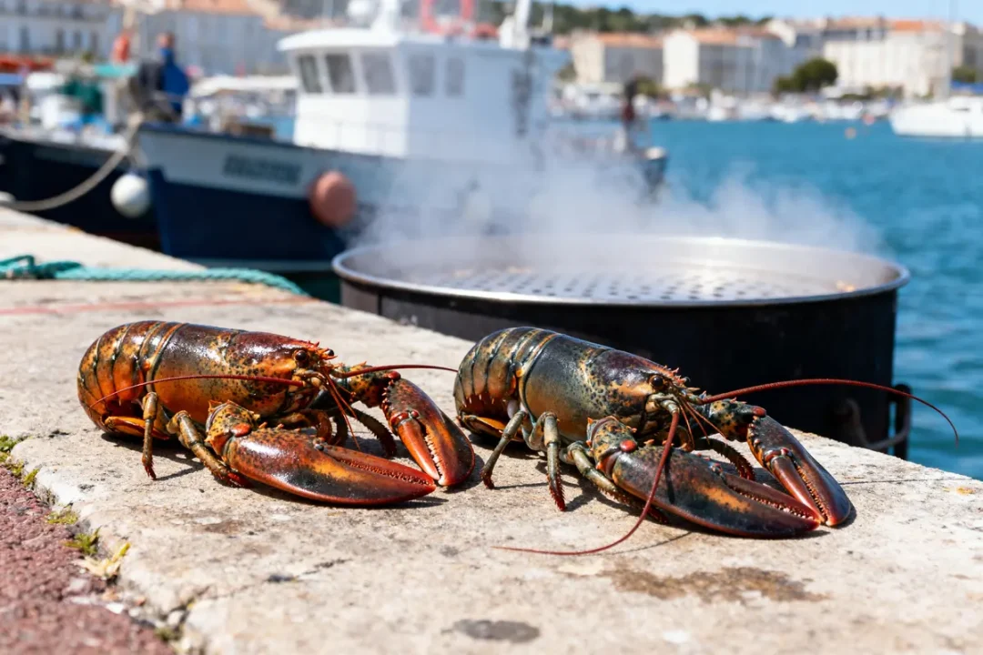 Deux homards vivants sur un quai, près de la mer et de bateaux, avec un cuiseur fumant.