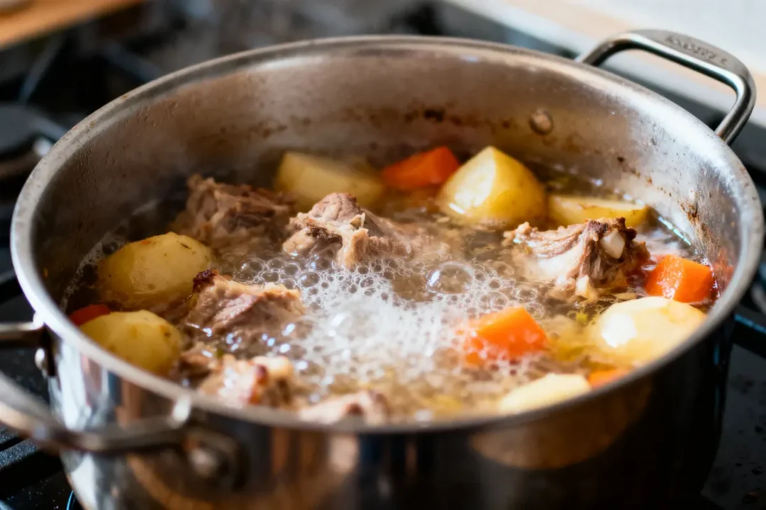Mijotage de bœuf, pommes de terre et carottes dans une casserole en métal sur une cuisinière.
