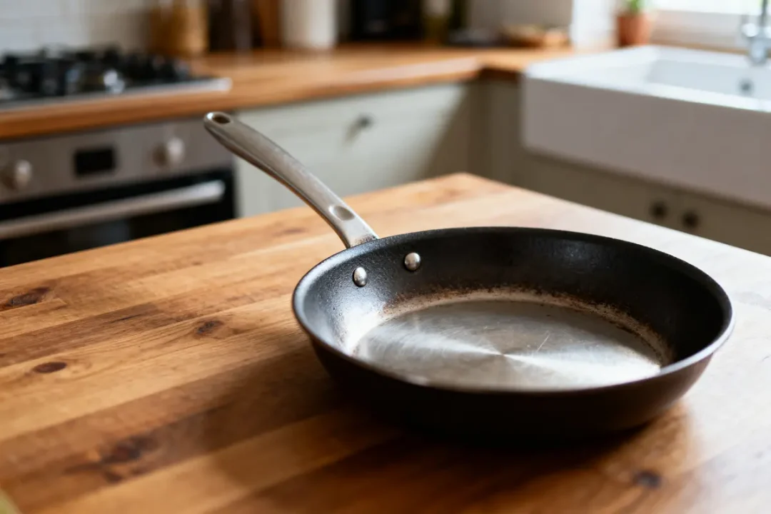 Poêle en métal sur plan de travail en bois, cuisine moderne en arrière-plan.