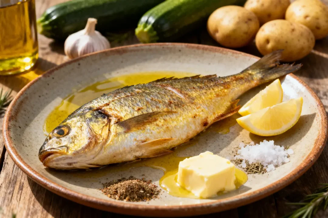 Poisson grillé avec beurre, citron, sel, poivre, dans une assiette. En arrière-plan, pommes de terre et courgettes.