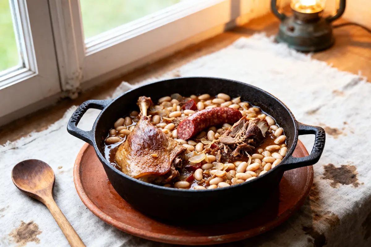 Cassoulet traditionnel dans une cocotte en fonte, avec haricots, saucisse et canard, sur table près de fenêtre.