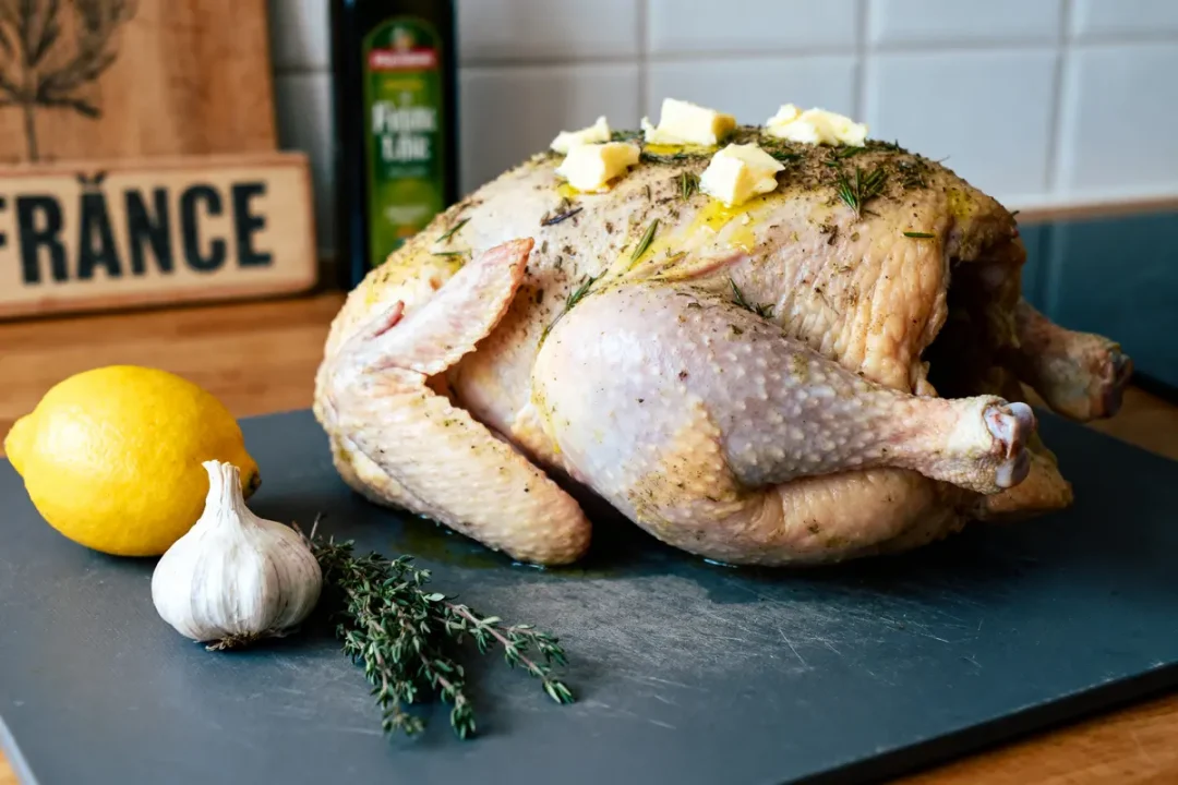 Poulet assaisonné avec beurre et herbes, citron, ail, thym sur planche cuisine. Bouteille huile en arrière-plan.