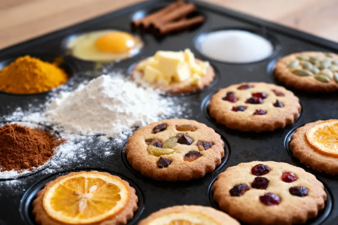 Plaque de muffins avec ingrédients et biscuits variés, garnis de fruits, épices, œuf et beurre.
