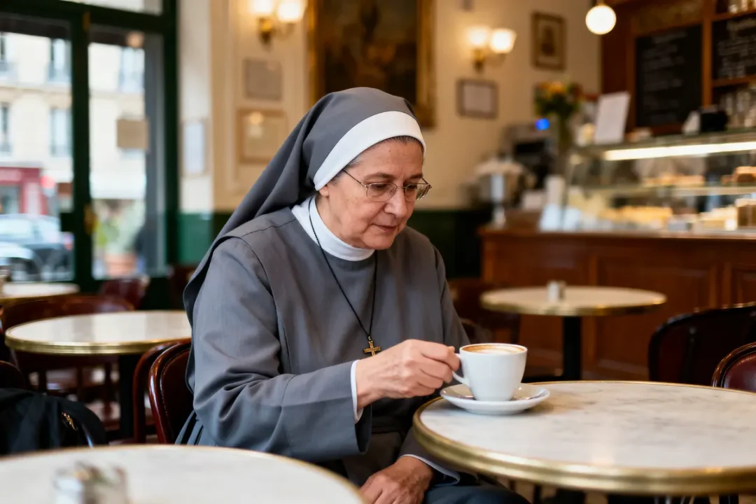 Religieuse en habit gris, buvant un café dans un café parisien, intérieur chaleureux et éclairé.