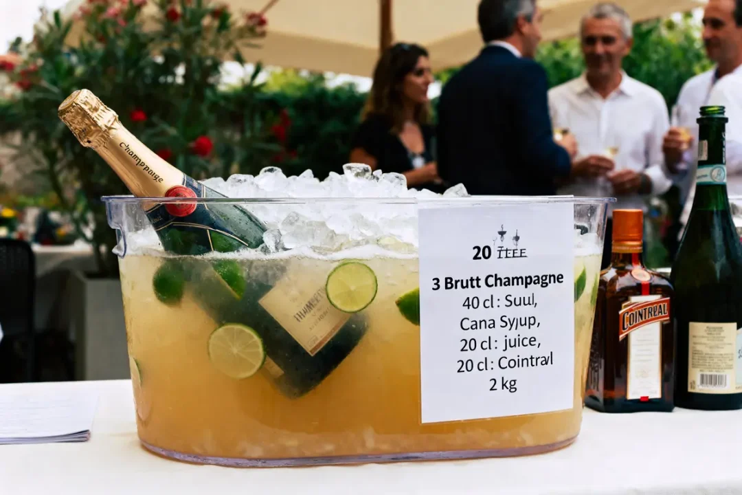 Seau à glace avec champagne et cocktail, personnes en arrière-plan, ambiance festive.