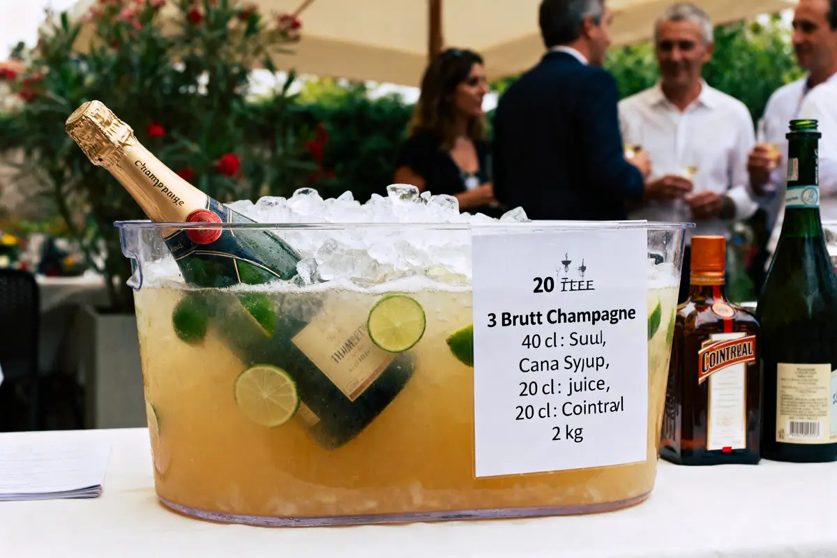 Seau à glace avec champagne et cocktail, personnes en arrière-plan, ambiance festive.