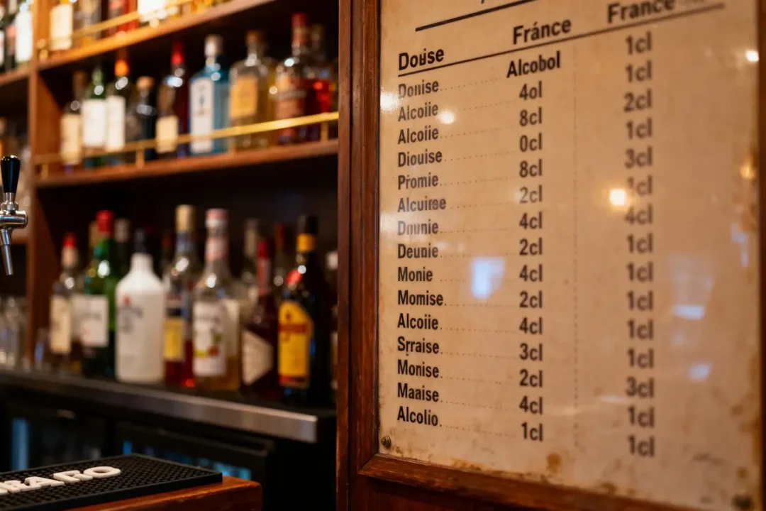 Étagère de bar avec bouteilles d'alcool et liste menu devant, divers types et mesures indiquées.