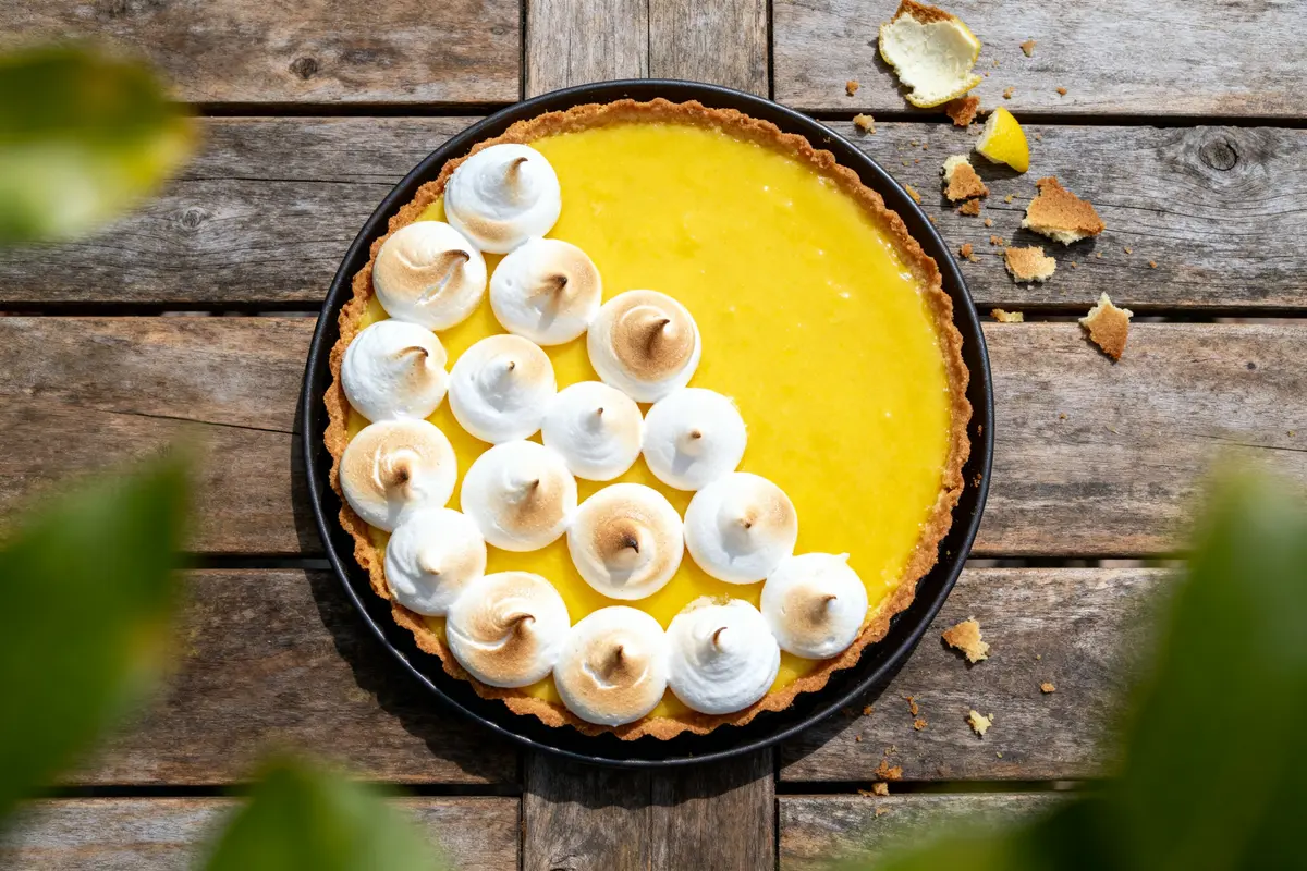 Tarte au citron meringuée sur table en bois, décorée de petites meringues dorées, miettes autour.